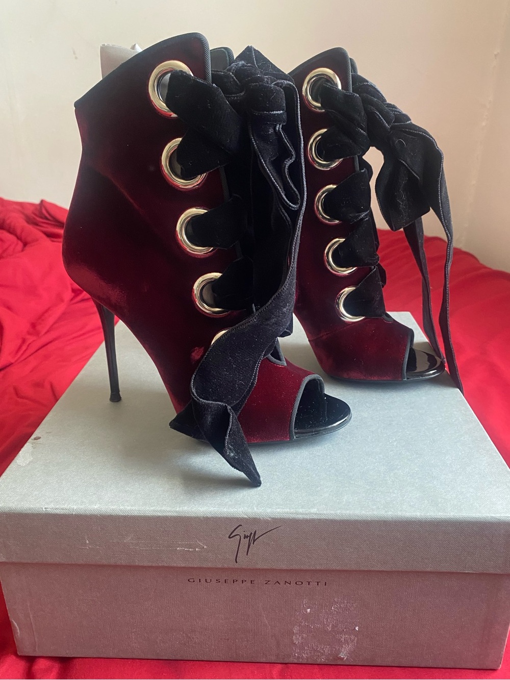 Giuseppe Zanotti Burgundy Velvet Lace-Up Peep Toe Booties – Size 37.5
